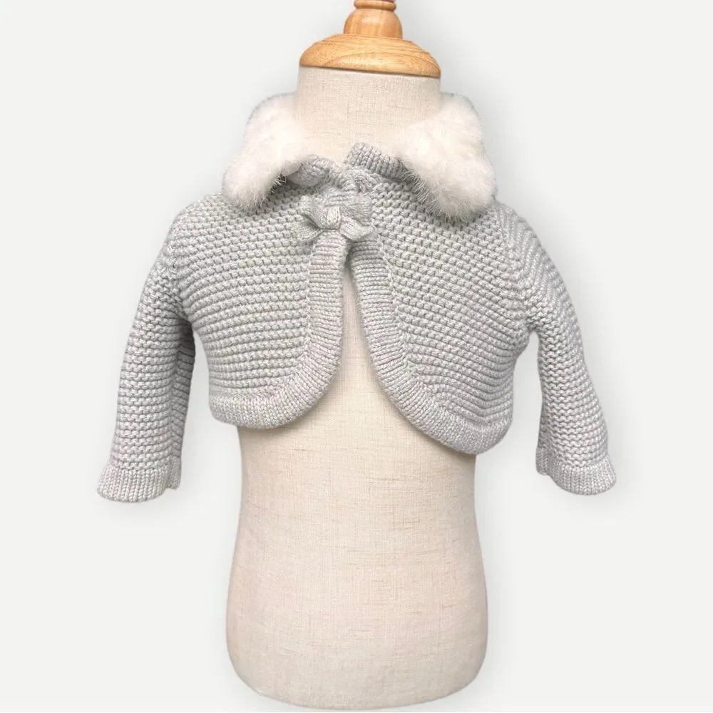 Baby Gap Girls Knit Gray Shrug Sweater with White Fur Collar & Bow. 0-3 Months.